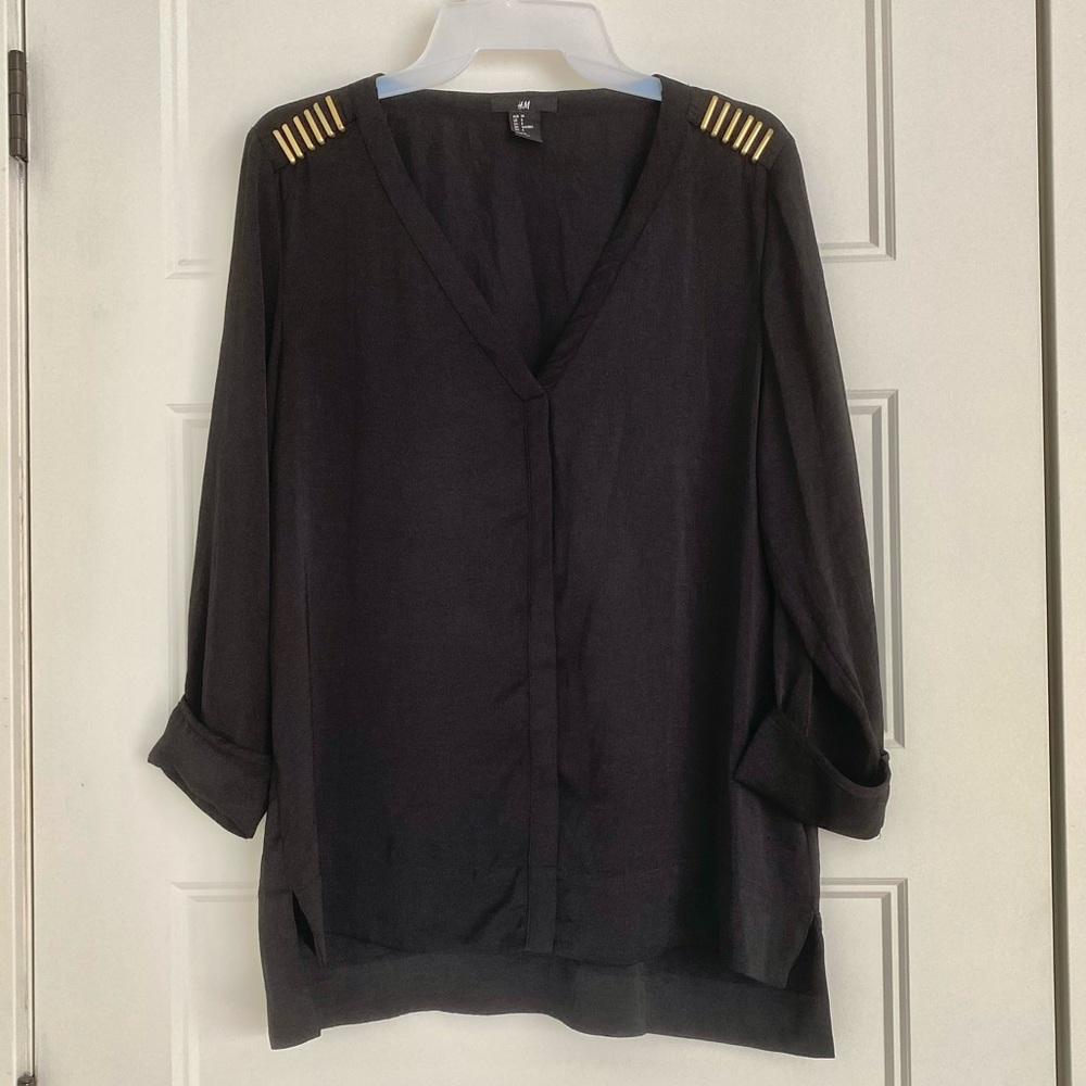 Silky Black Blouse with Gold Detailing on Shoulders Size 8